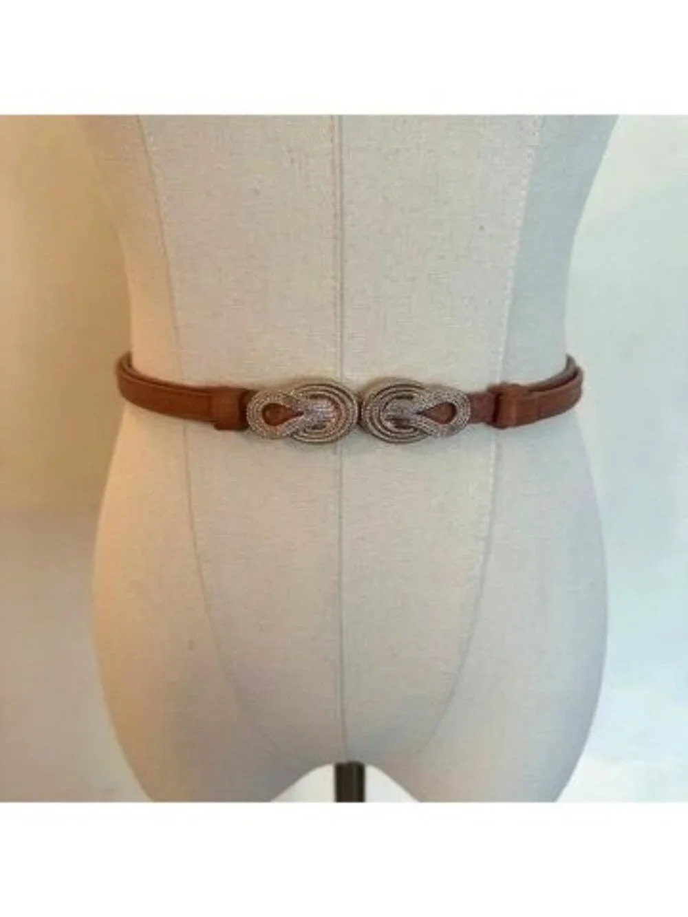 Thin Brown Faux Leather Belt Gold-Tone Knot Buckle Womens Adjustable 26-49 In